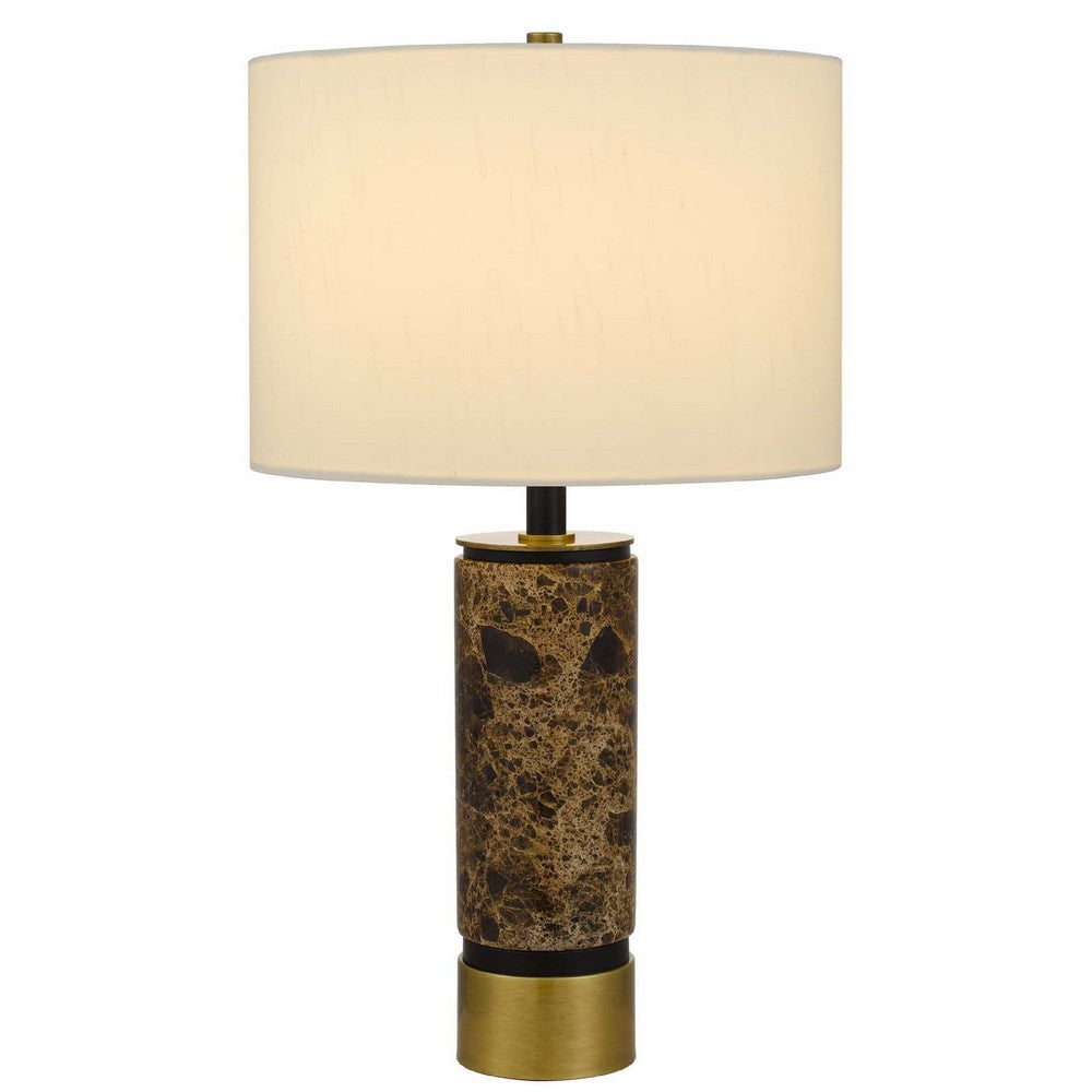 Benjara Table Lamp, White Drum Shade, Brass Base, Swirled Black Marble 22 Inch