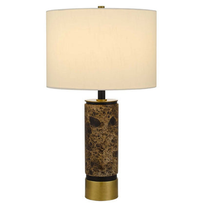 Benjara Table Lamp, White Drum Shade, Brass Base, Swirled Black Marble 22 Inch