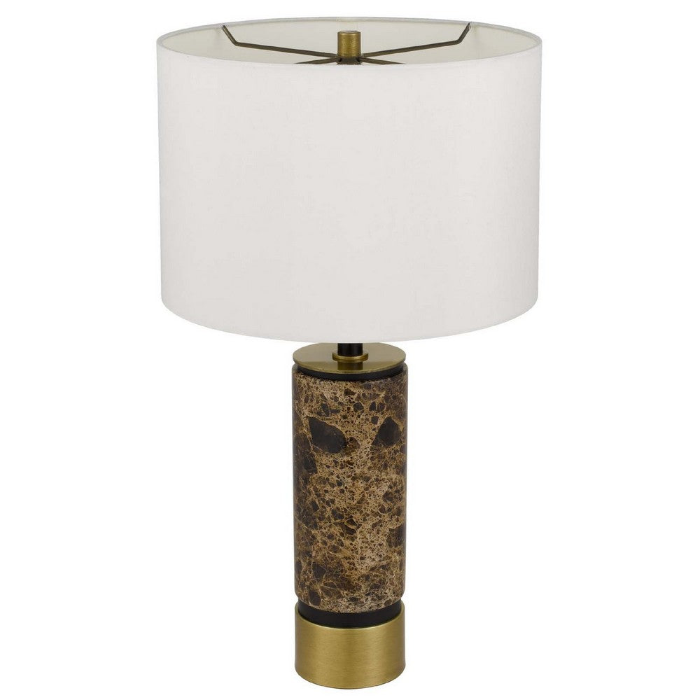 Benjara Table Lamp, White Drum Shade, Brass Base, Swirled Black Marble 22 Inch