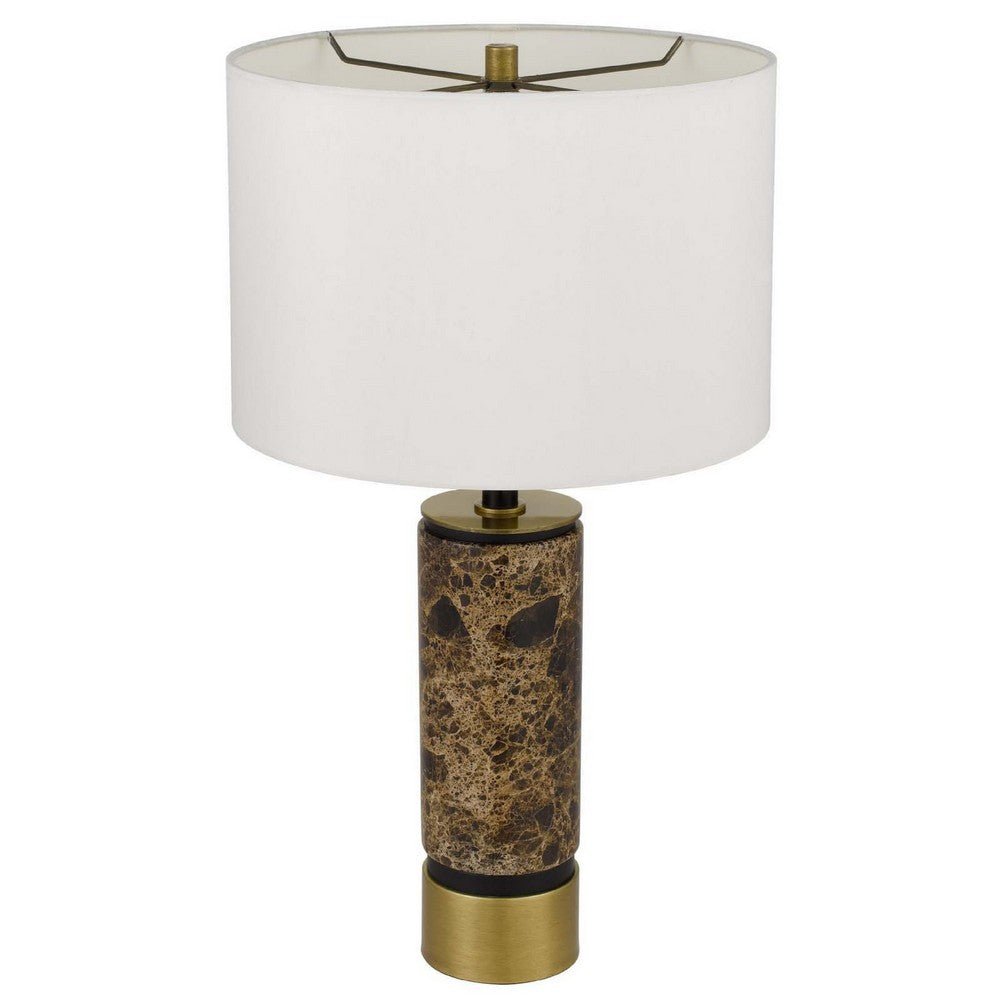 Benjara Table Lamp, White Drum Shade, Brass Base, Swirled Black Marble 22 Inch