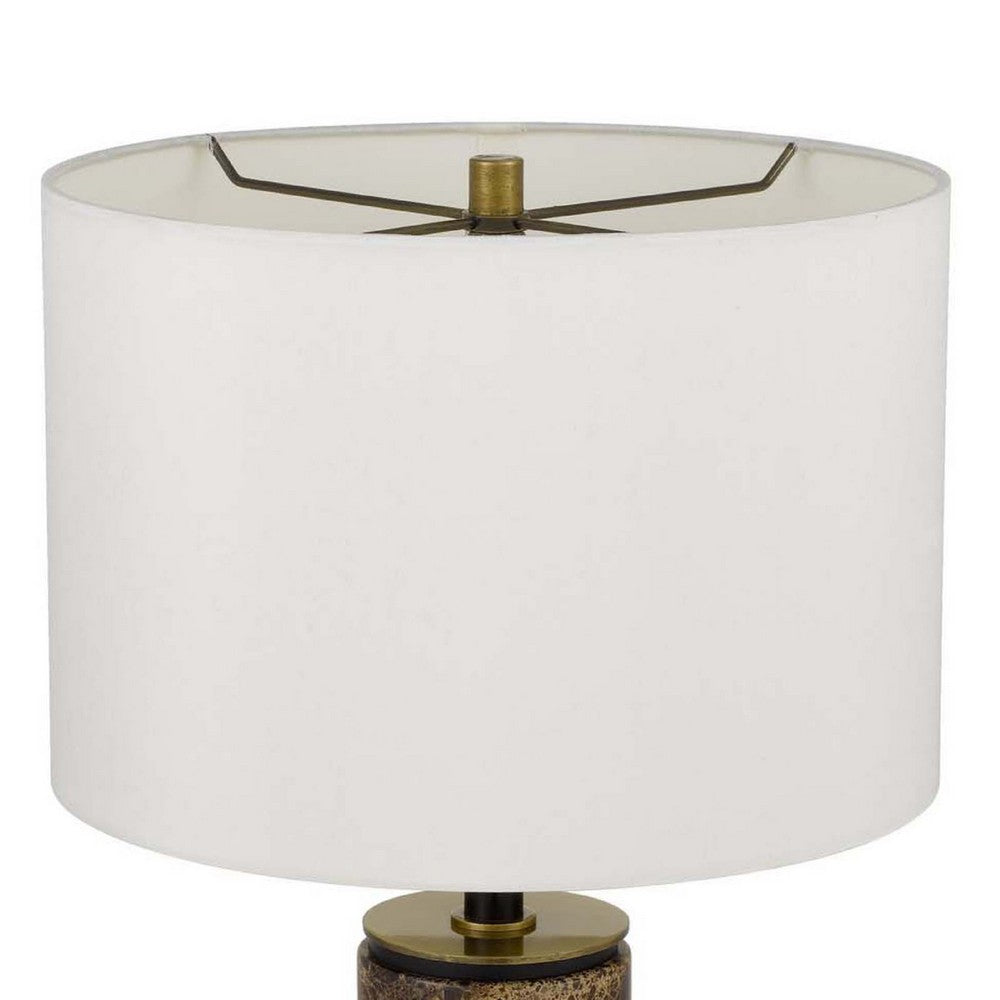 Benjara Table Lamp, White Drum Shade, Brass Base, Swirled Black Marble 22 Inch