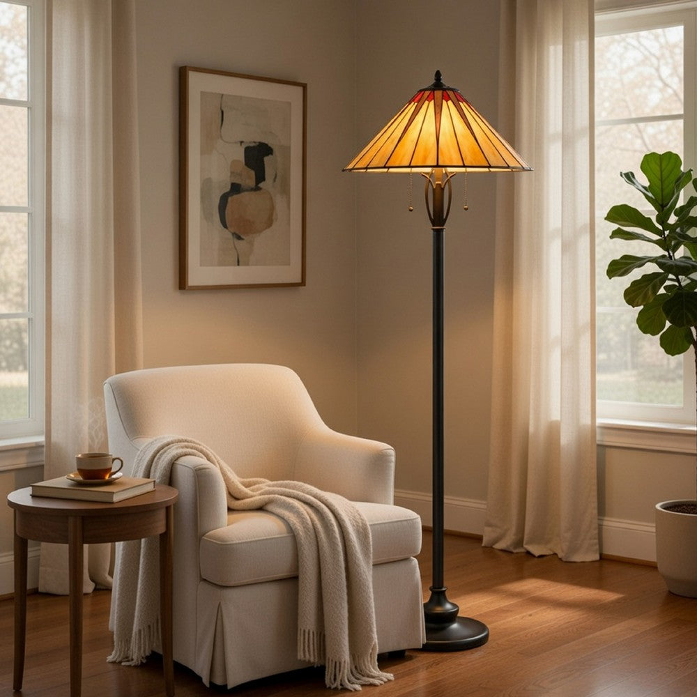 Benjara Eli Floor Lamp, Stained Tiffany Glass Shade, Hand Painted, Bronze 61 Inch