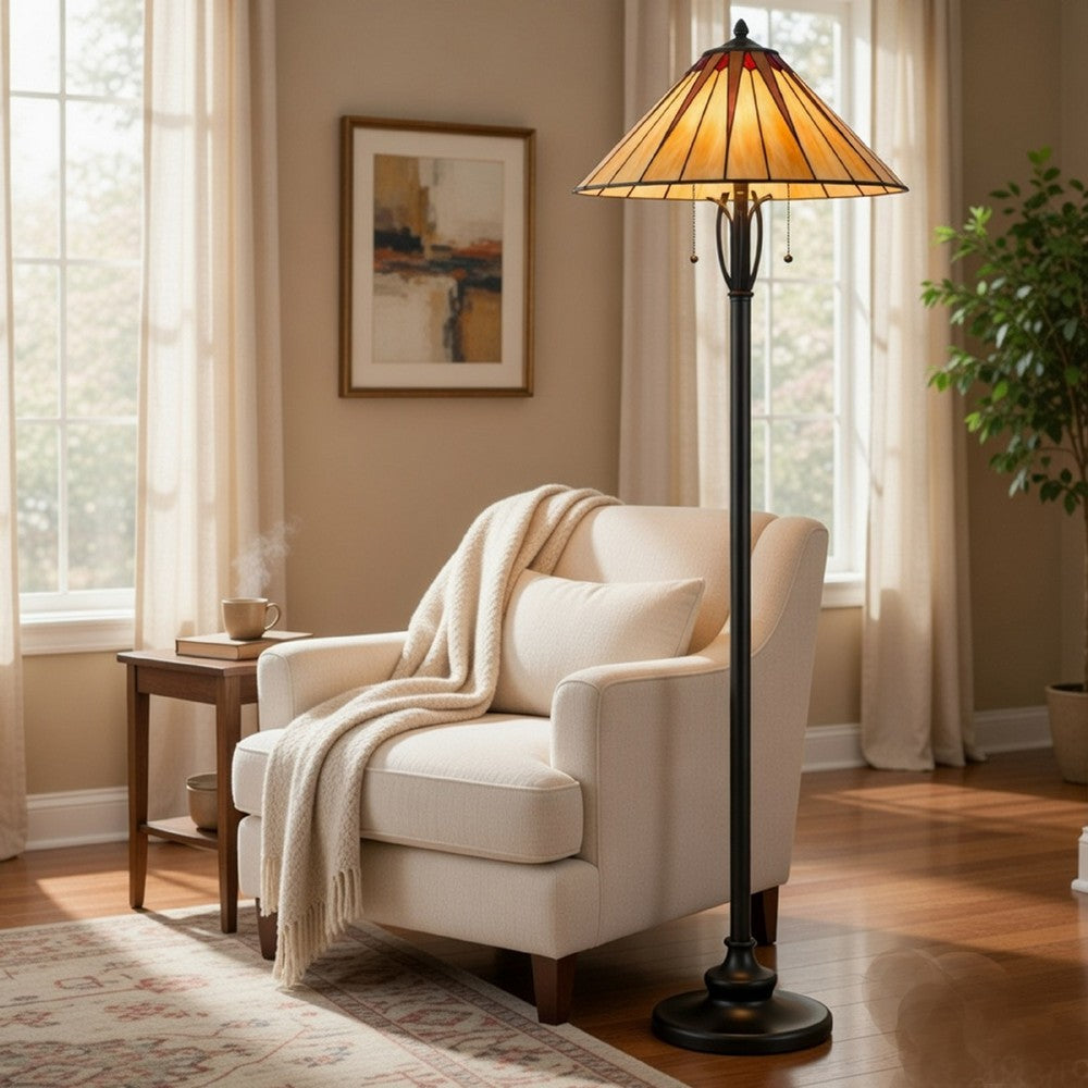 Benjara Eli Floor Lamp, Stained Tiffany Glass Shade, Hand Painted, Bronze 61 Inch