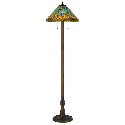 Benjara Eli Tiffany Shade Floor Lamp with Hand Painted Dragonfly, Brass 63 Inch