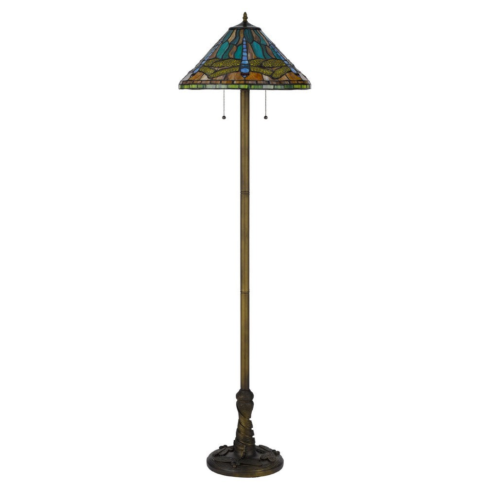 Benjara Eli Tiffany Shade Floor Lamp with Hand Painted Dragonfly, Brass 63 Inch