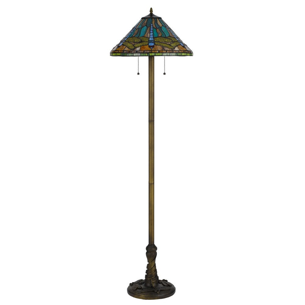 Benjara Eli Tiffany Shade Floor Lamp with Hand Painted Dragonfly, Brass 63 Inch