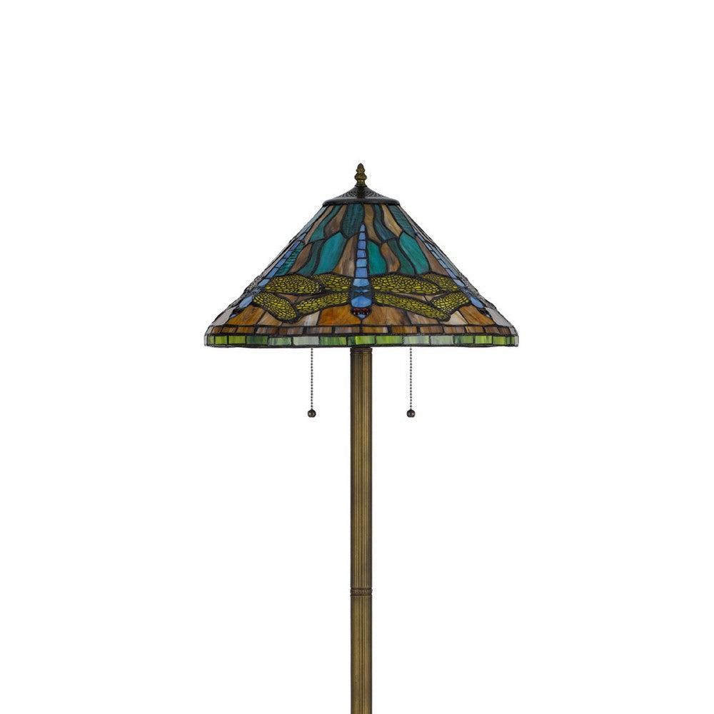 Benjara Eli Tiffany Shade Floor Lamp with Hand Painted Dragonfly, Brass 63 Inch