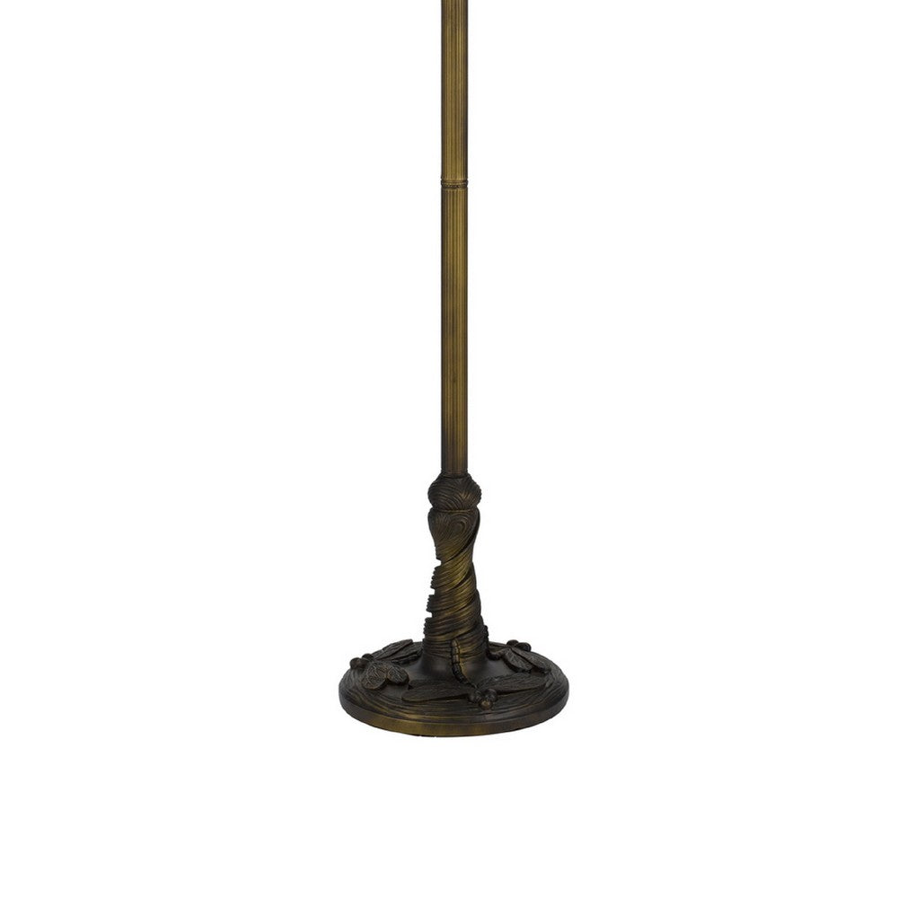 Benjara Eli Tiffany Shade Floor Lamp with Hand Painted Dragonfly, Brass 63 Inch