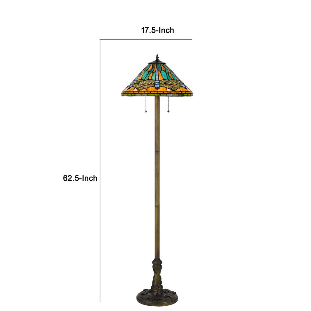 Benjara Eli Tiffany Shade Floor Lamp with Hand Painted Dragonfly, Brass 63 Inch