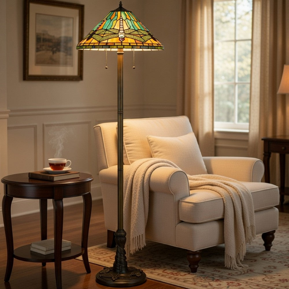 Benjara Eli Tiffany Shade Floor Lamp with Hand Painted Dragonfly, Brass 63 Inch