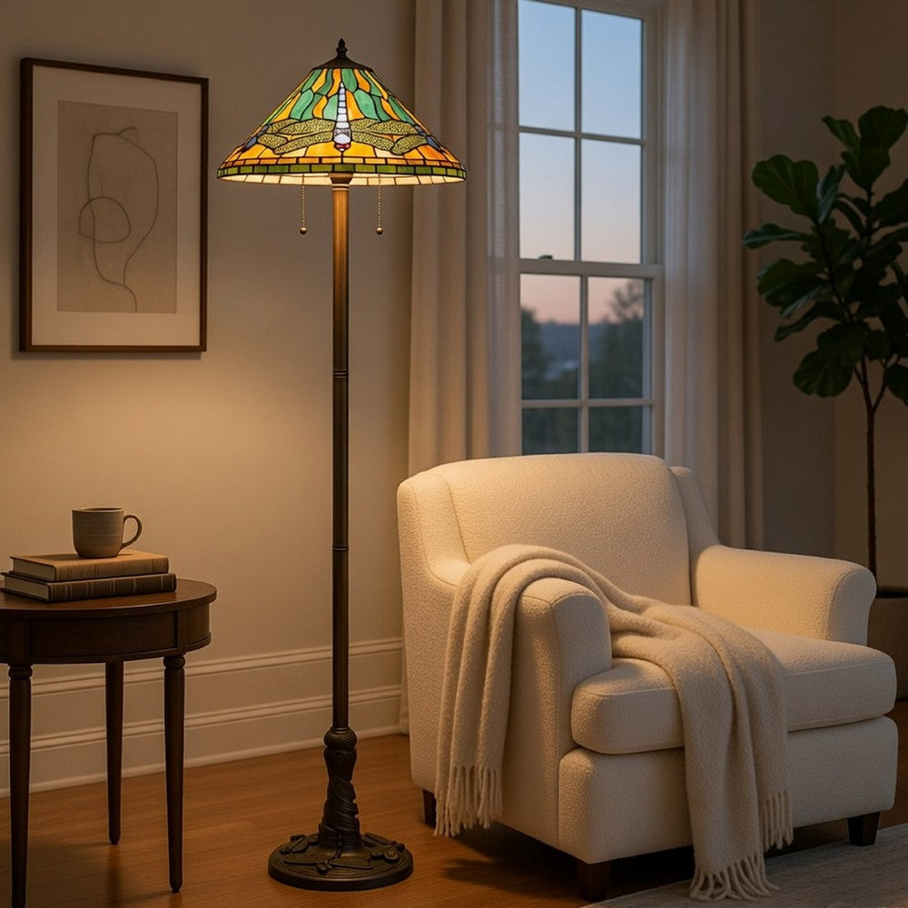 Benjara Eli Tiffany Shade Floor Lamp with Hand Painted Dragonfly, Brass 63 Inch