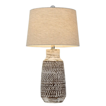 Benjara Bora Table Lamp Set of 2, Burlap Shade, Brown Ceramic, Distressed White