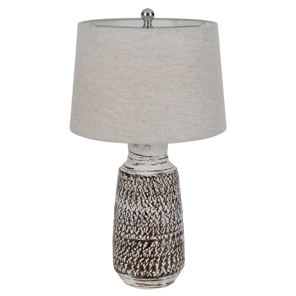 Benjara Bora Table Lamp Set of 2, Burlap Shade, Brown Ceramic, Distressed White