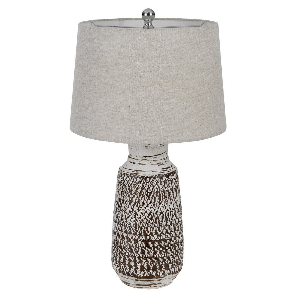 Benjara Bora Table Lamp Set of 2, Burlap Shade, Brown Ceramic, Distressed White