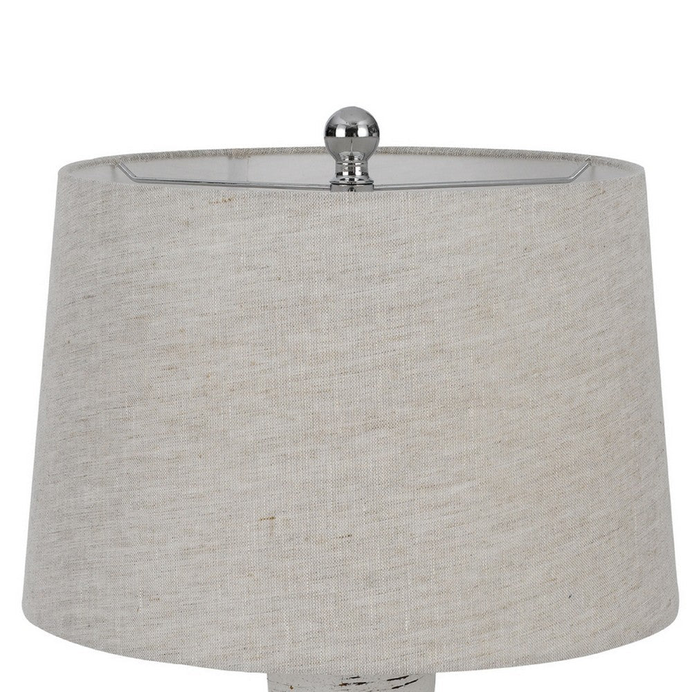 Benjara Bora Table Lamp Set of 2, Burlap Shade, Brown Ceramic, Distressed White