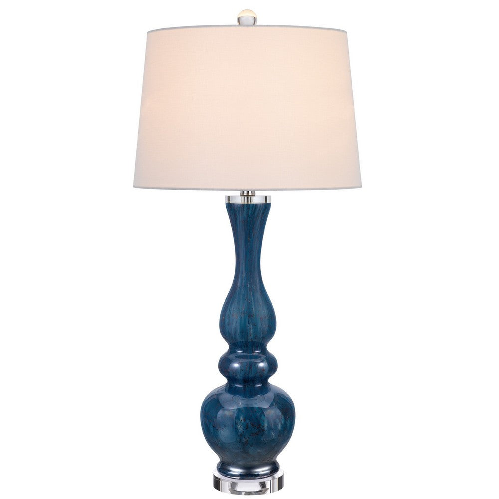 Benjara Table Lamp Set of 2, Off-White Shade, Blue Candlestick Glass Body 32 Inch