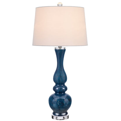 Benjara Table Lamp Set of 2, Off-White Shade, Blue Candlestick Glass Body 32 Inch