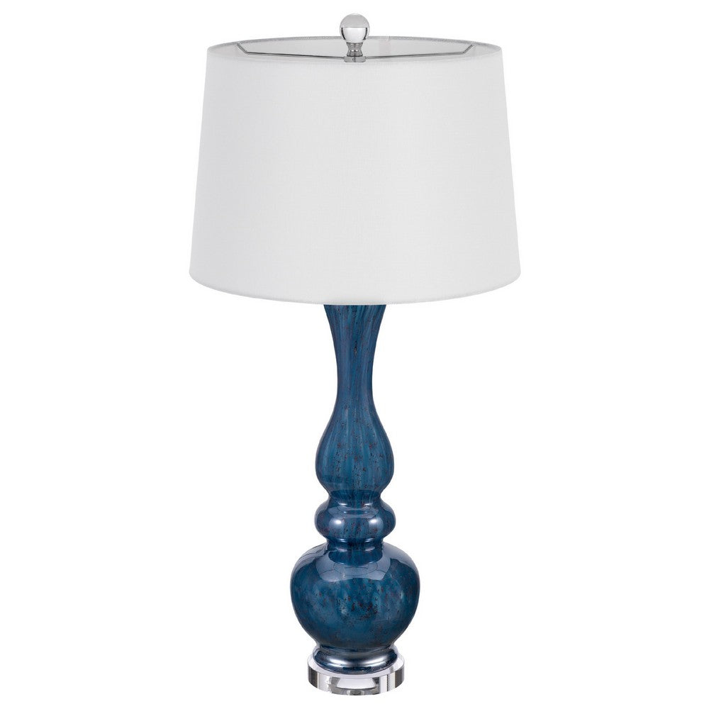 Benjara Table Lamp Set of 2, Off-White Shade, Blue Candlestick Glass Body 32 Inch