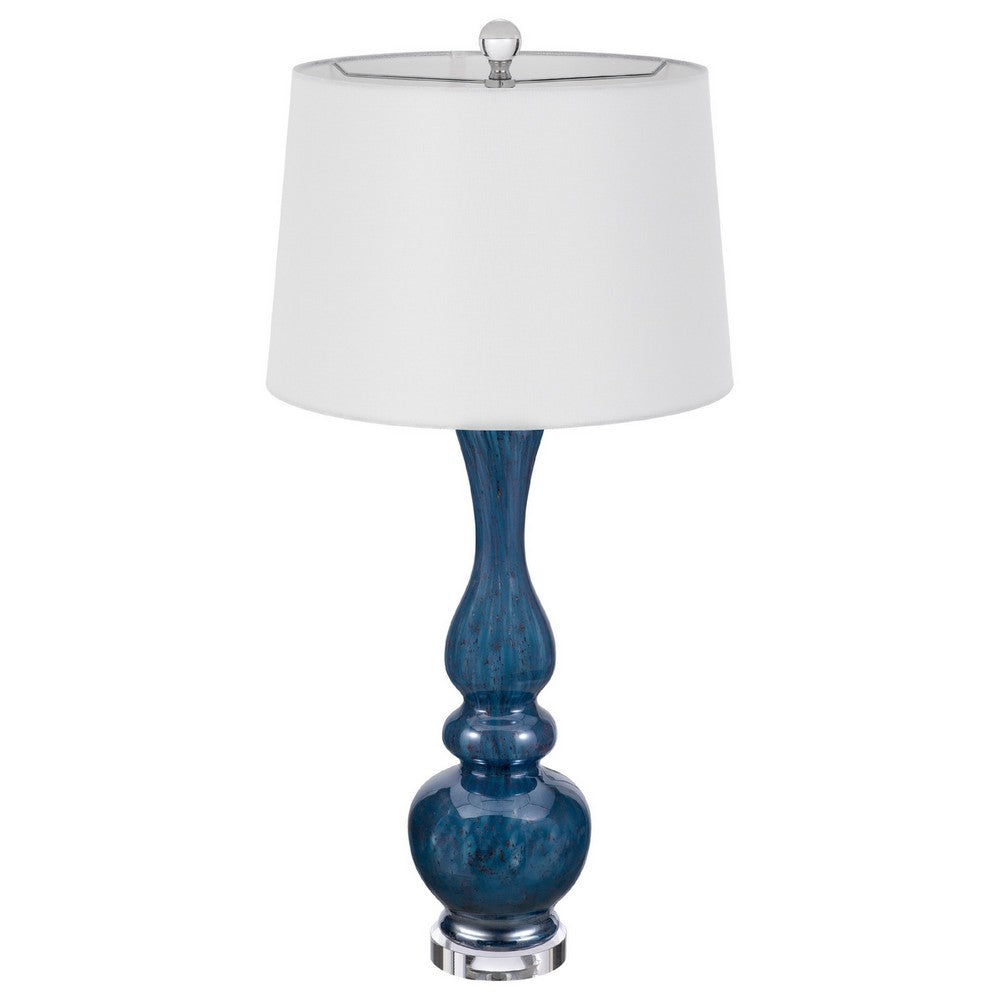 Benjara Table Lamp Set of 2, Off-White Shade, Blue Candlestick Glass Body 32 Inch