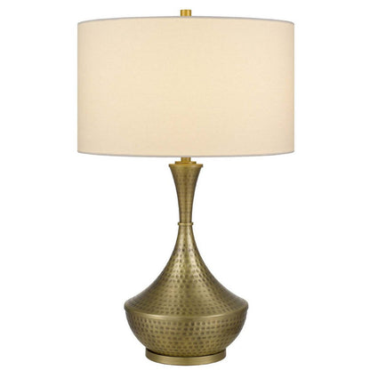 Benjara Table Lamp, White Linen Shade, Hammered Antique Brass Retro Hourglass Shape