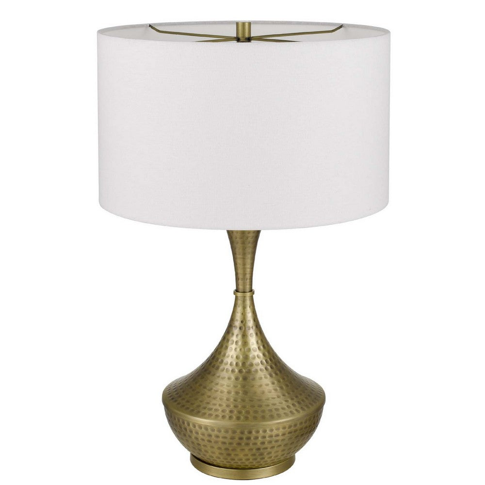 Benjara Table Lamp, White Linen Shade, Hammered Antique Brass Retro Hourglass Shape