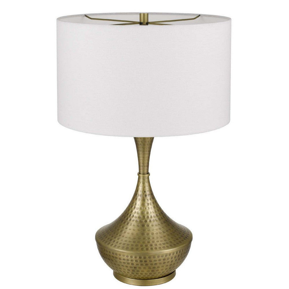 Benjara Table Lamp, White Linen Shade, Hammered Antique Brass Retro Hourglass Shape