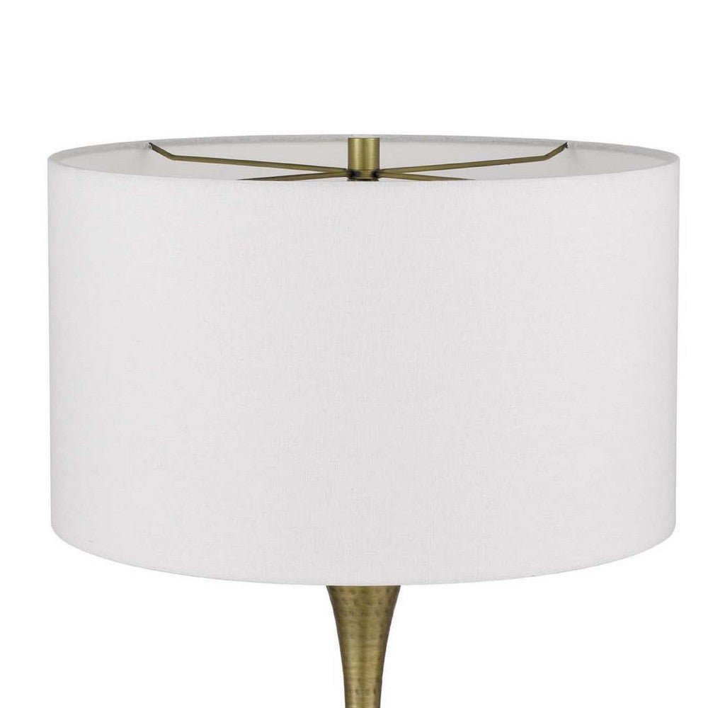 Benjara Table Lamp, White Linen Shade, Hammered Antique Brass Retro Hourglass Shape