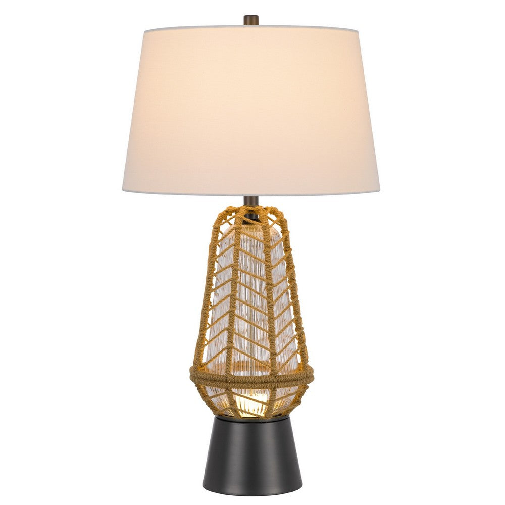 Benjara Lantern Table Lamp with Night Light, Burlap Wrapped Glass Body, Gray Metal