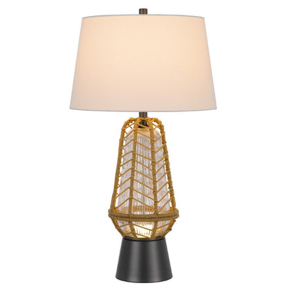 Benjara Lantern Table Lamp with Night Light, Burlap Wrapped Glass Body, Gray Metal
