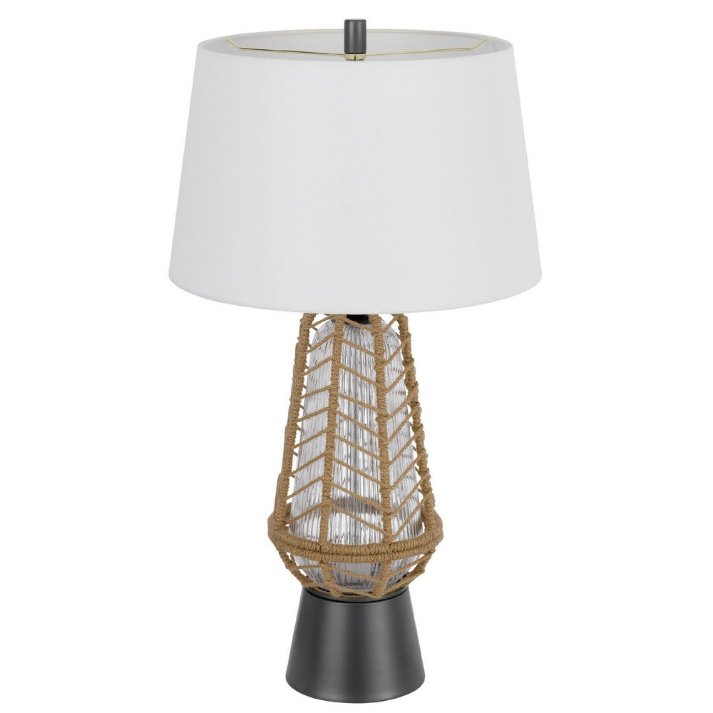 Benjara Lantern Table Lamp with Night Light, Burlap Wrapped Glass Body, Gray Metal