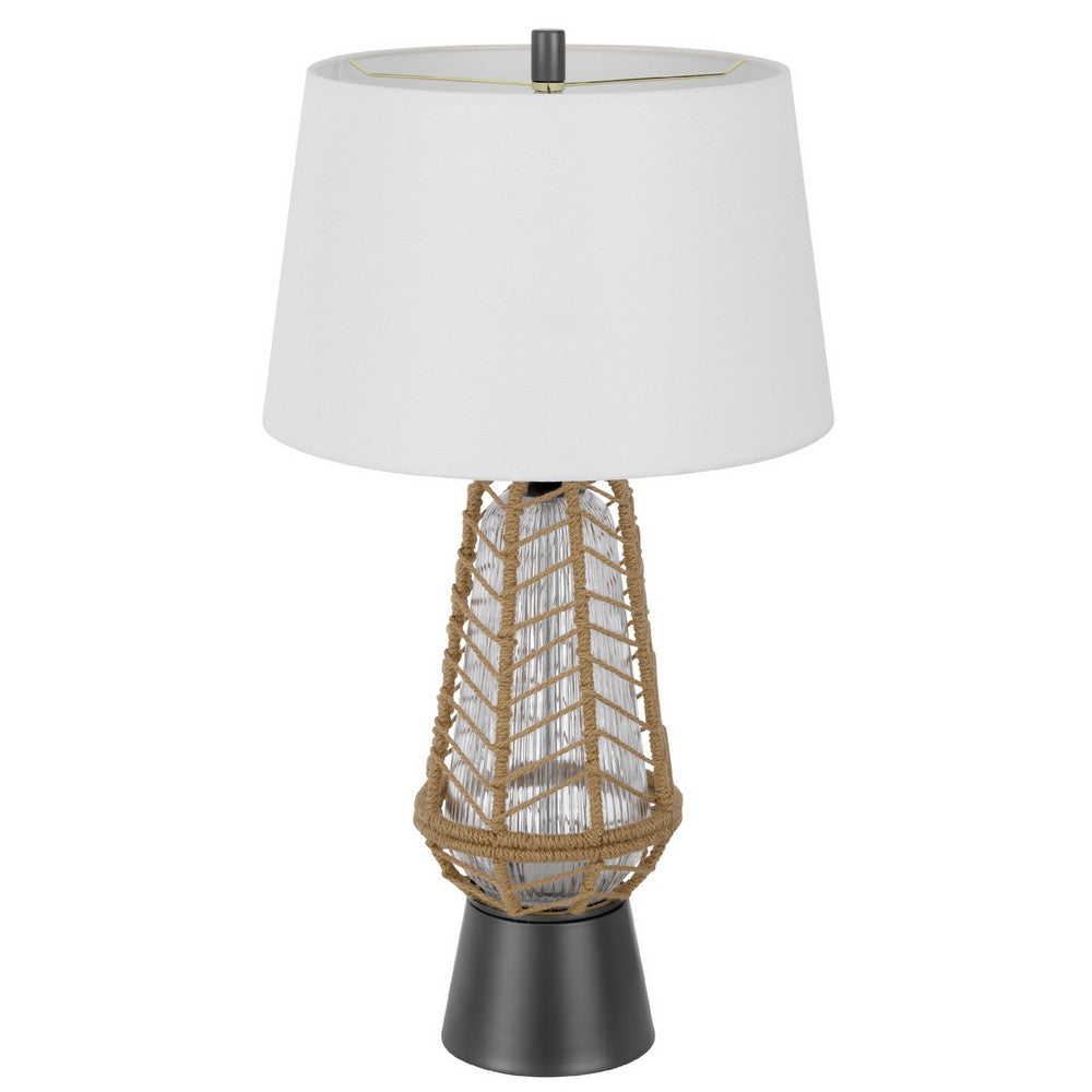 Benjara Lantern Table Lamp with Night Light, Burlap Wrapped Glass Body, Gray Metal