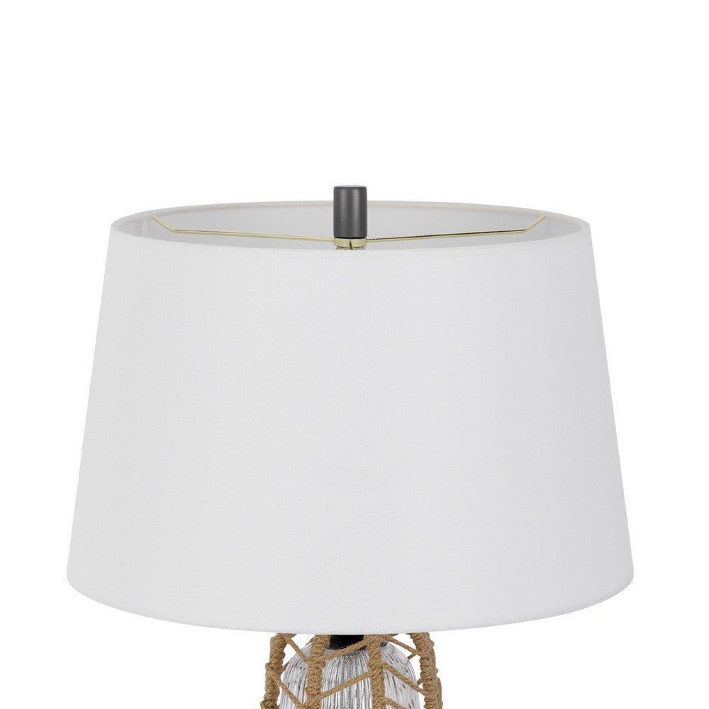 Benjara Lantern Table Lamp with Night Light, Burlap Wrapped Glass Body, Gray Metal