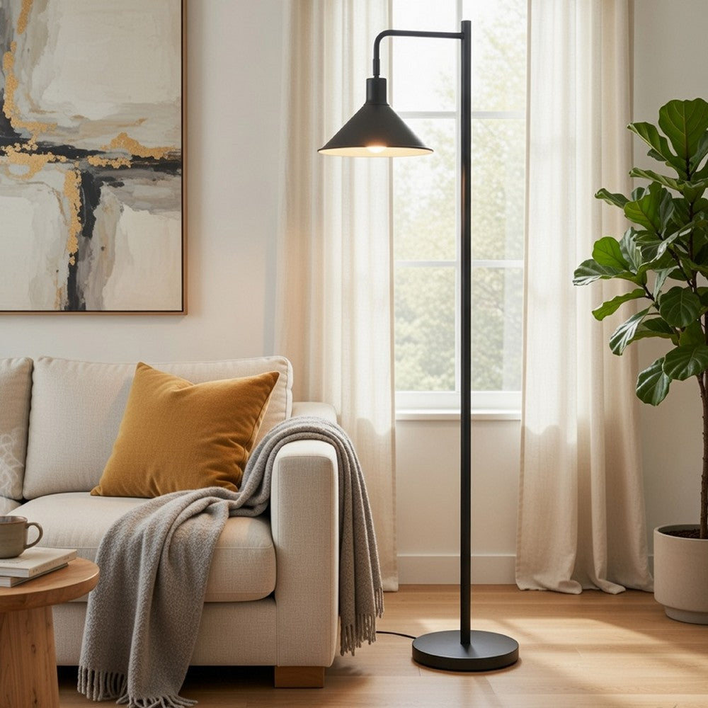 Benjara Floor Lamp, Adjustable Head with Hanging Cone Shade, Retro Black Metal