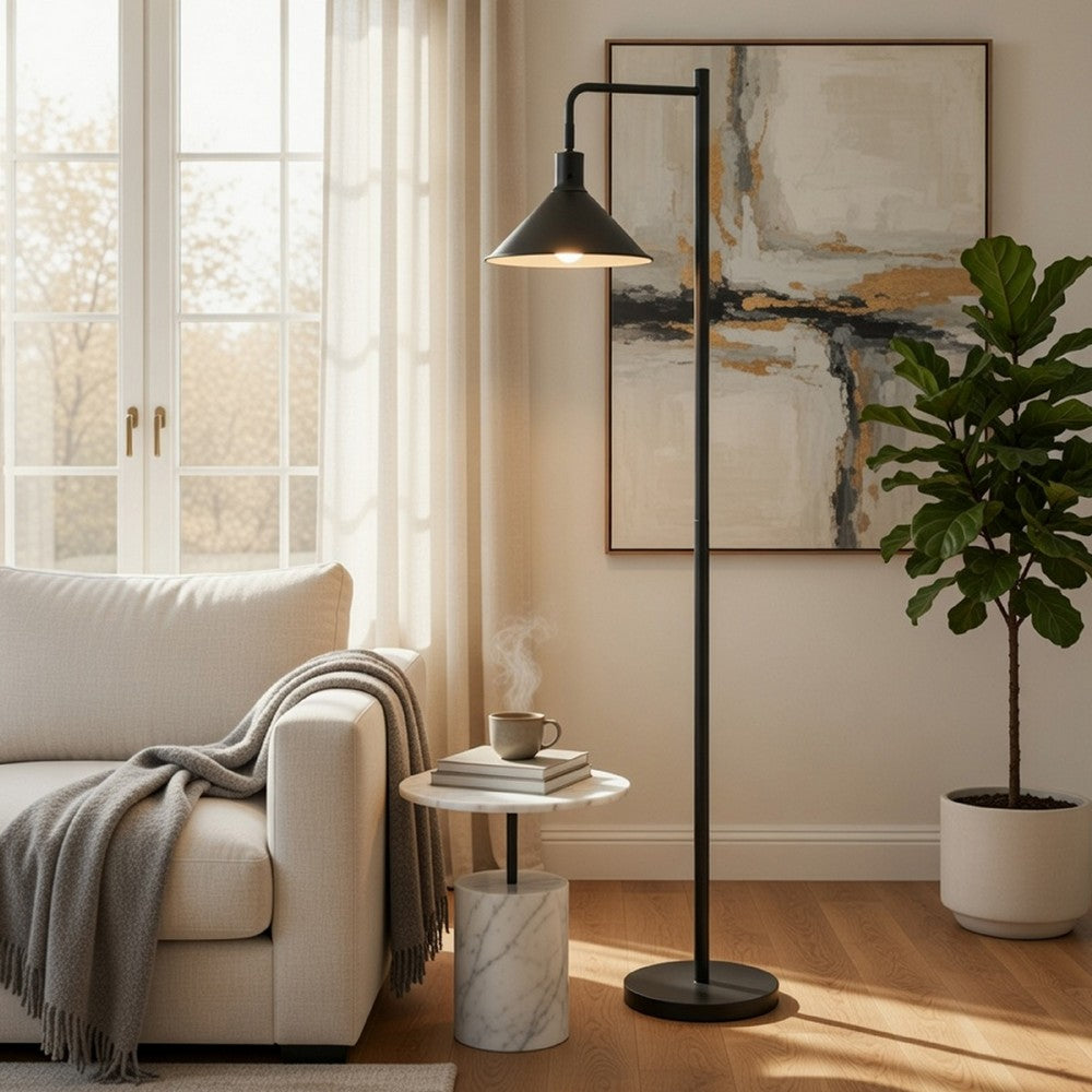 Benjara Floor Lamp, Adjustable Head with Hanging Cone Shade, Retro Black Metal