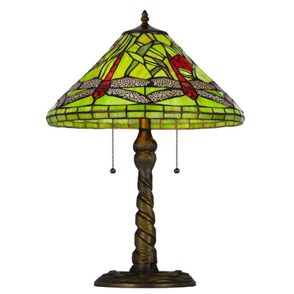 Benjara Eli Table Lamp with Tiffany Glass Shade Painted Green Dragonfly, Brass