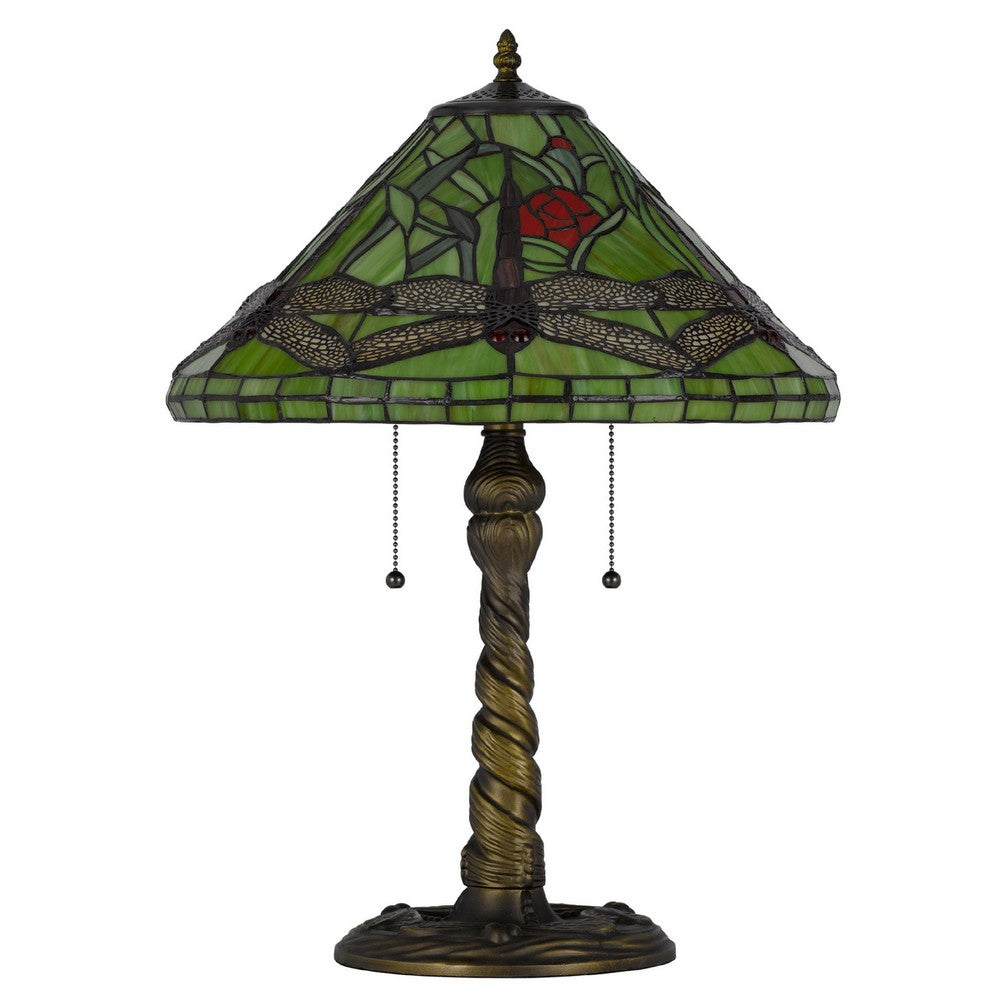 Benjara Eli Table Lamp with Tiffany Glass Shade Painted Green Dragonfly, Brass