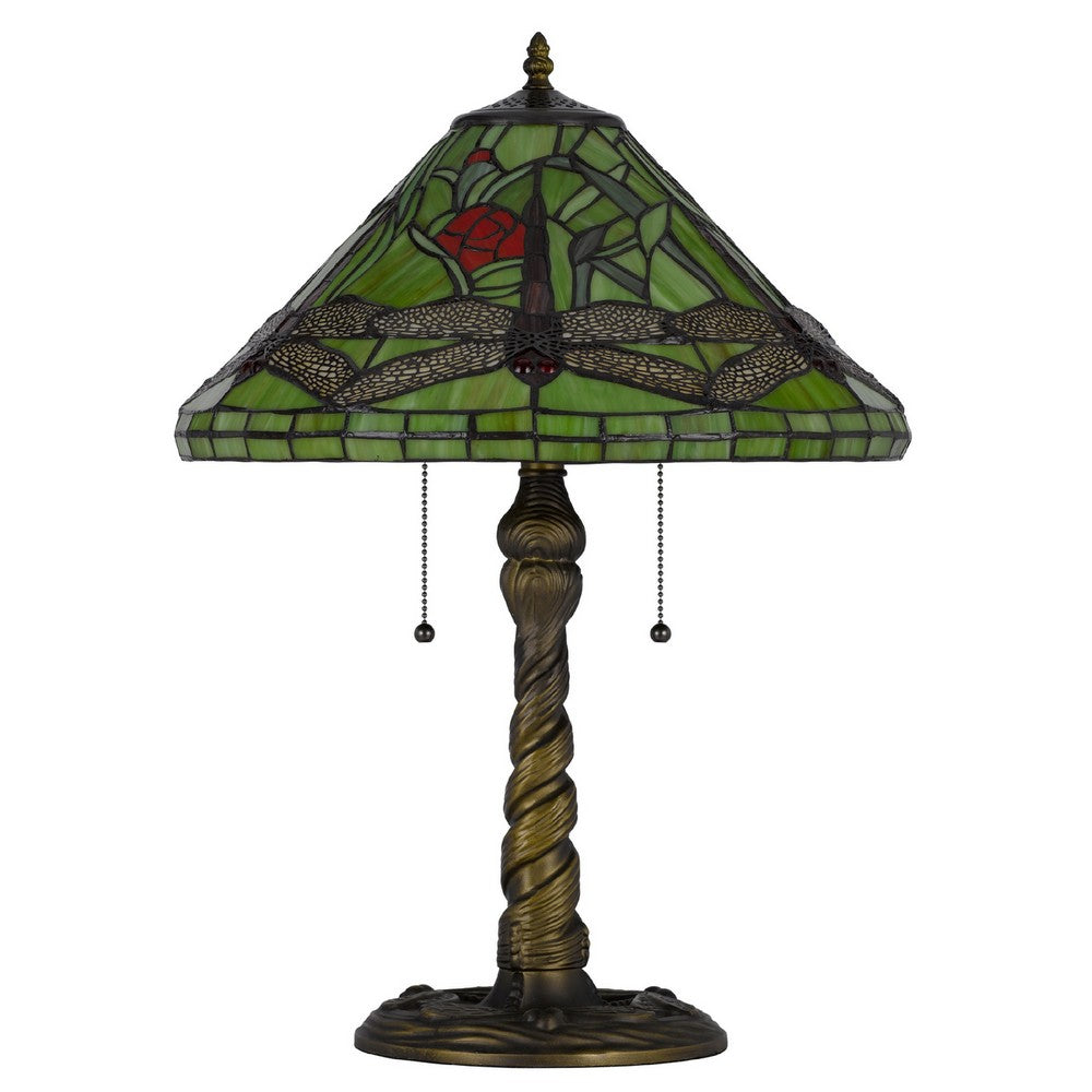 Benjara Eli Table Lamp with Tiffany Glass Shade Painted Green Dragonfly, Brass
