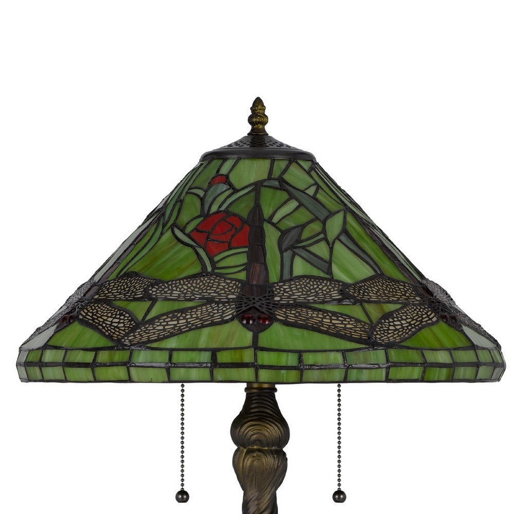 Benjara Eli Table Lamp with Tiffany Glass Shade Painted Green Dragonfly, Brass