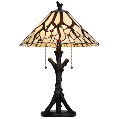 Benjara Eli Tiffany Glass Table Lamp, Hand Painted Leaf And Wine Shade, Bronze