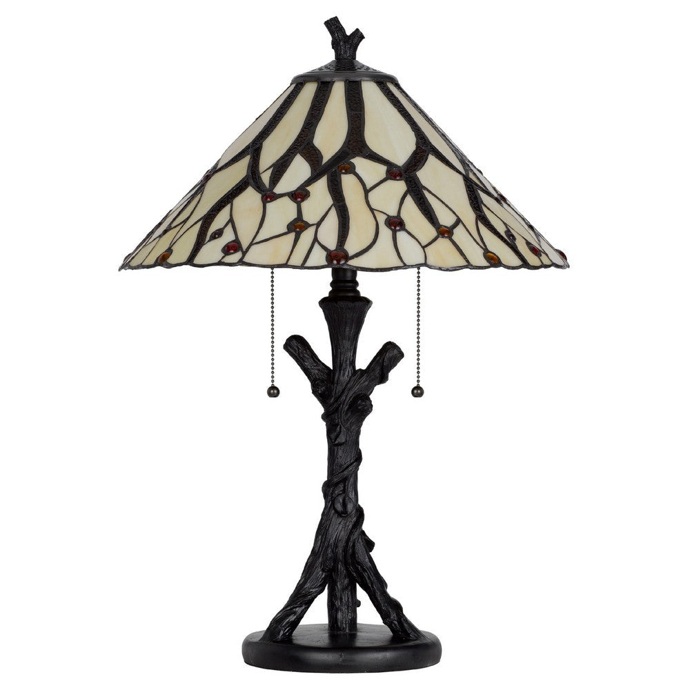 Benjara Eli Tiffany Glass Table Lamp, Hand Painted Leaf And Wine Shade, Bronze