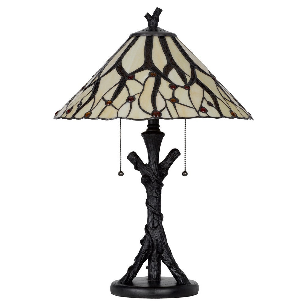 Benjara Eli Tiffany Glass Table Lamp, Hand Painted Leaf And Wine Shade, Bronze