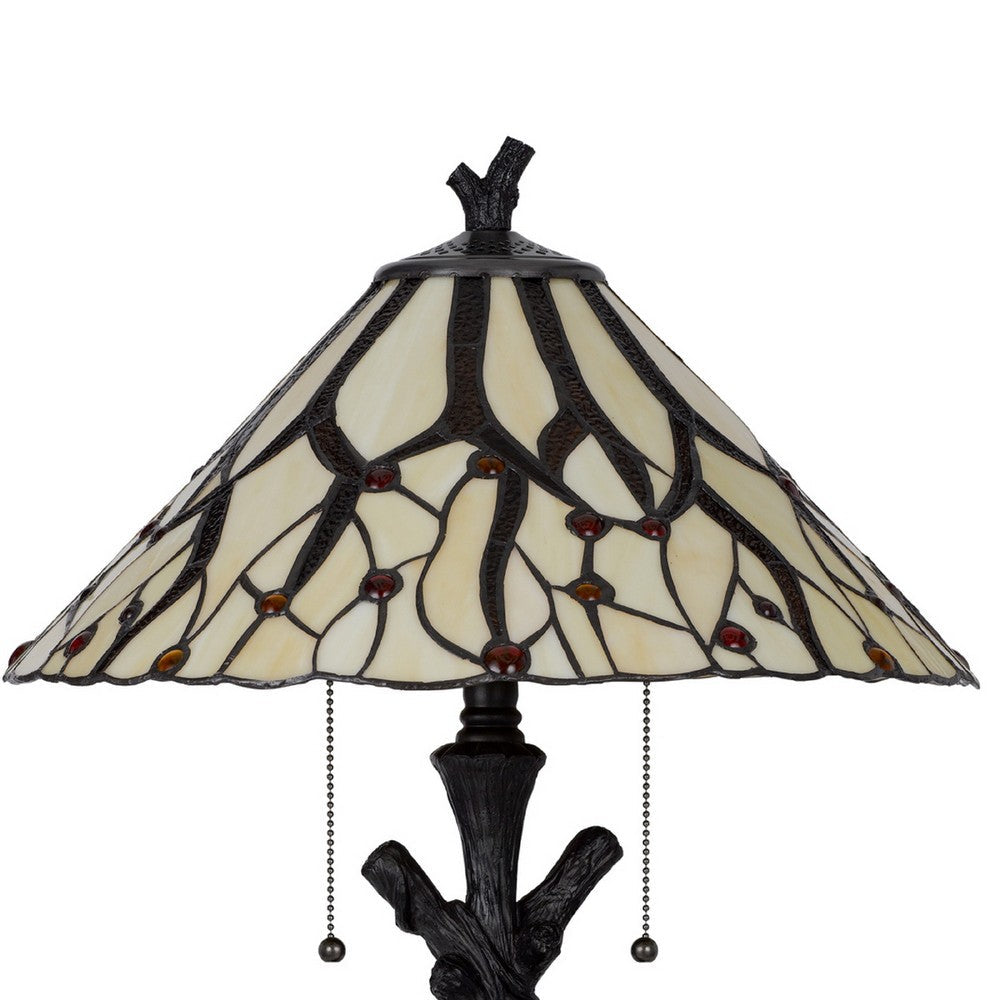 Benjara Eli Tiffany Glass Table Lamp, Hand Painted Leaf And Wine Shade, Bronze