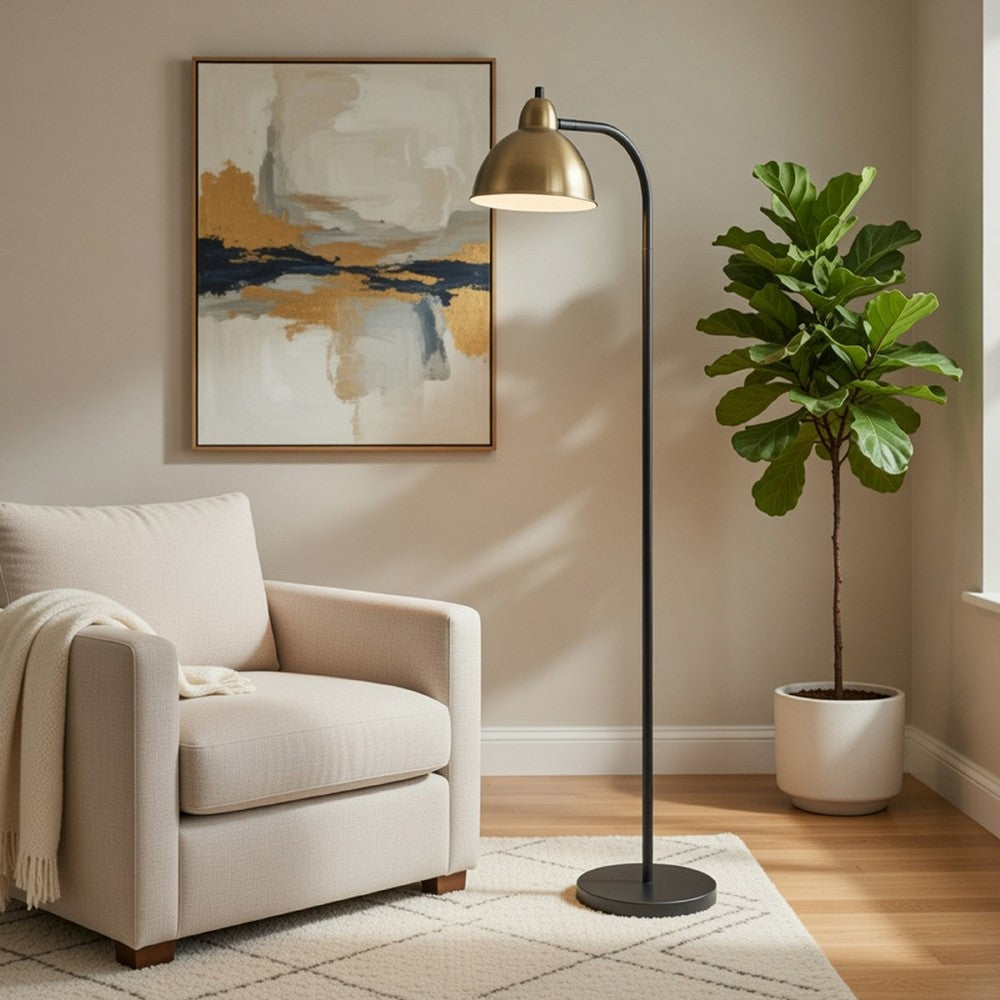 Benjara Floor Lamp, Vintage Style Dome Shade, Industrial Black And Antique Brass