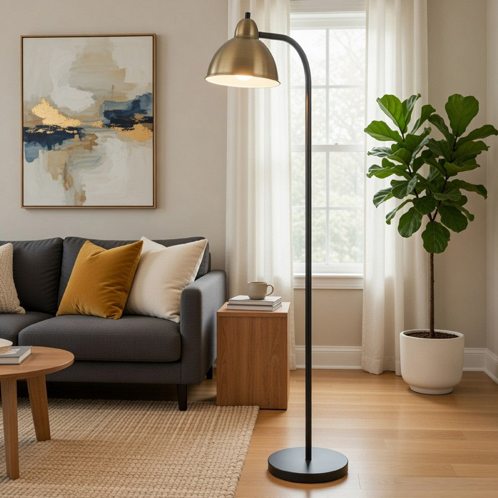 Benjara Floor Lamp, Vintage Style Dome Shade, Industrial Black And Antique Brass