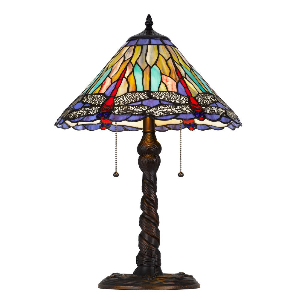 Benjara Eli Table Lamp, Tiffany Glass Shade, Blue Red Dragonfly Design, Bronze, 23In