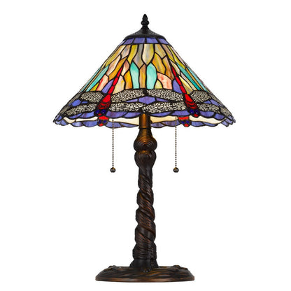 Benjara Eli Table Lamp, Tiffany Glass Shade, Blue Red Dragonfly Design, Bronze, 23In