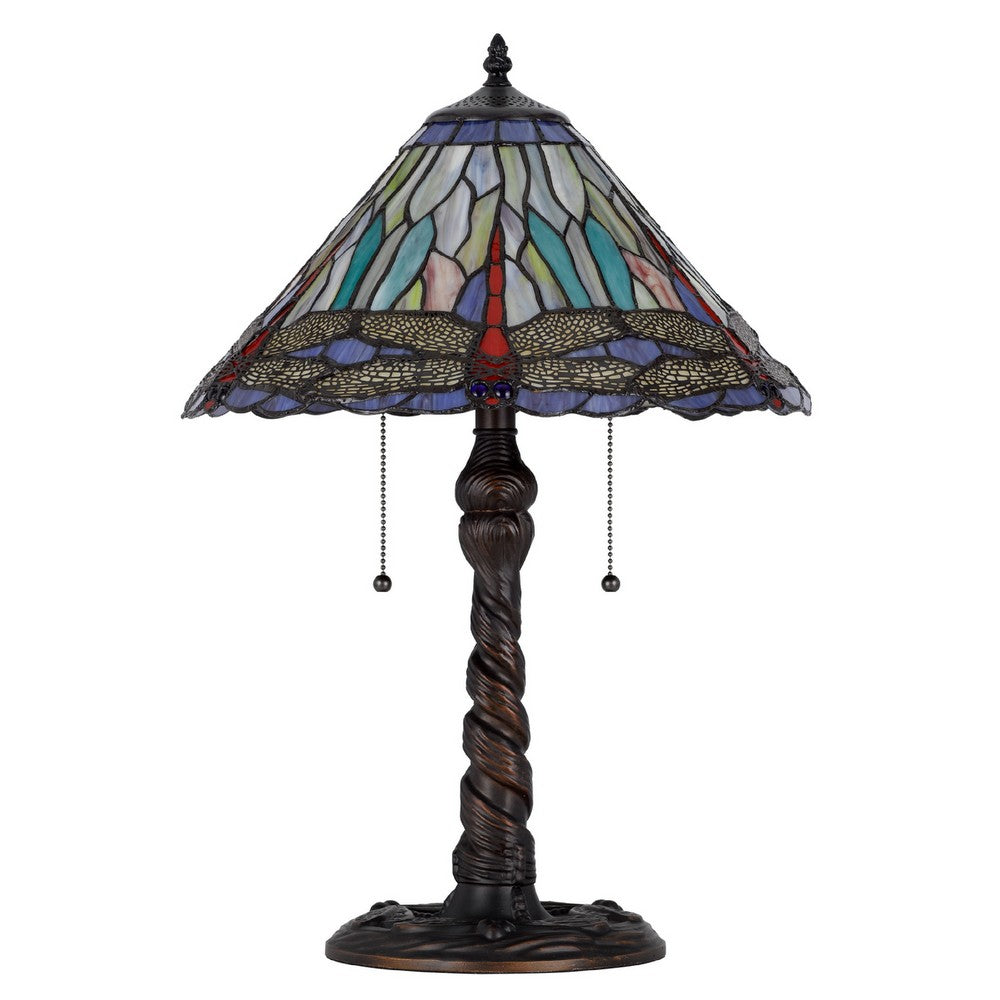 Benjara Eli Table Lamp, Tiffany Glass Shade, Blue Red Dragonfly Design, Bronze, 23In