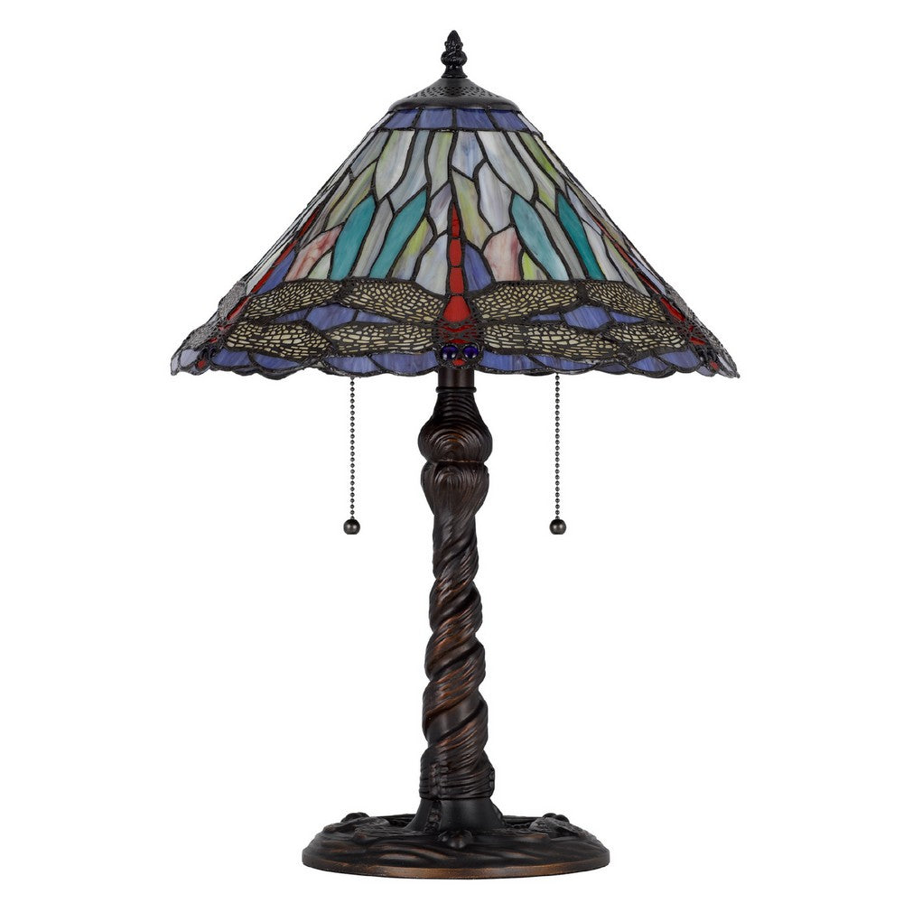 Benjara Eli Table Lamp, Tiffany Glass Shade, Blue Red Dragonfly Design, Bronze, 23In