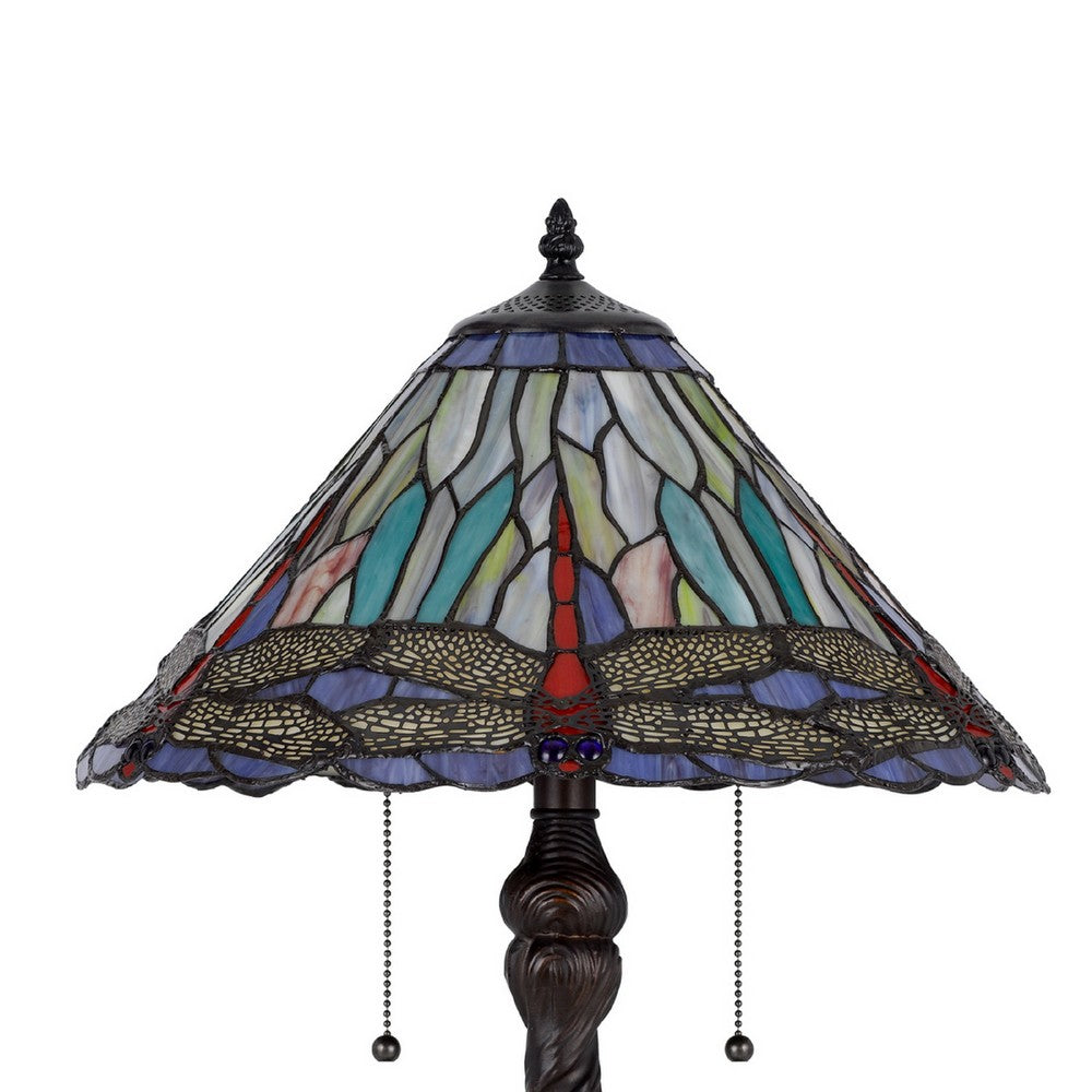 Benjara Eli Table Lamp, Tiffany Glass Shade, Blue Red Dragonfly Design, Bronze, 23In