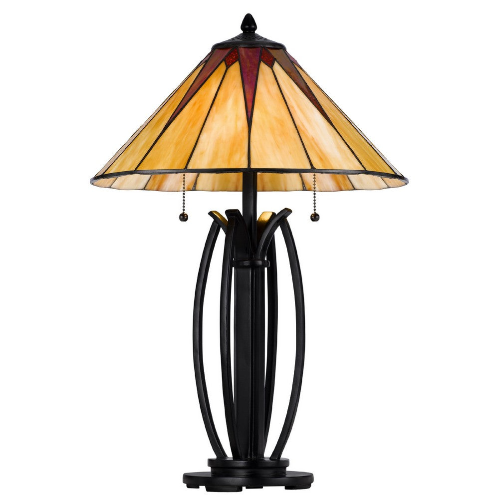 Benjara Eli Table Lamp, 17 Inch Stained Tiffany Glass Shade, Bronze Metal, Resin